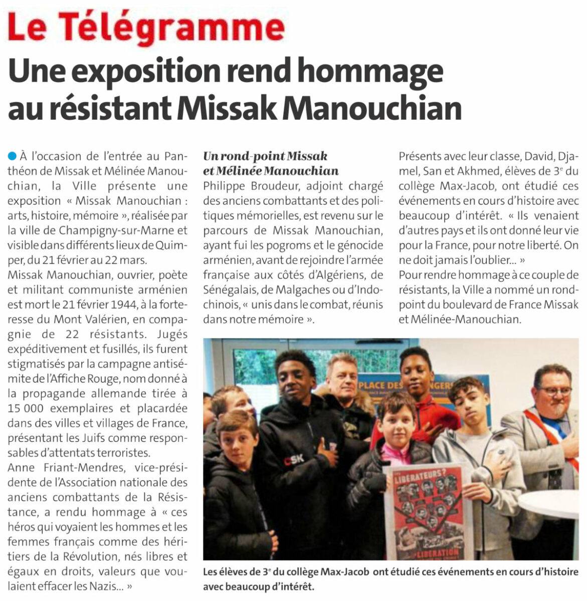 Article du Télégramme Quimper du 21/02/2024